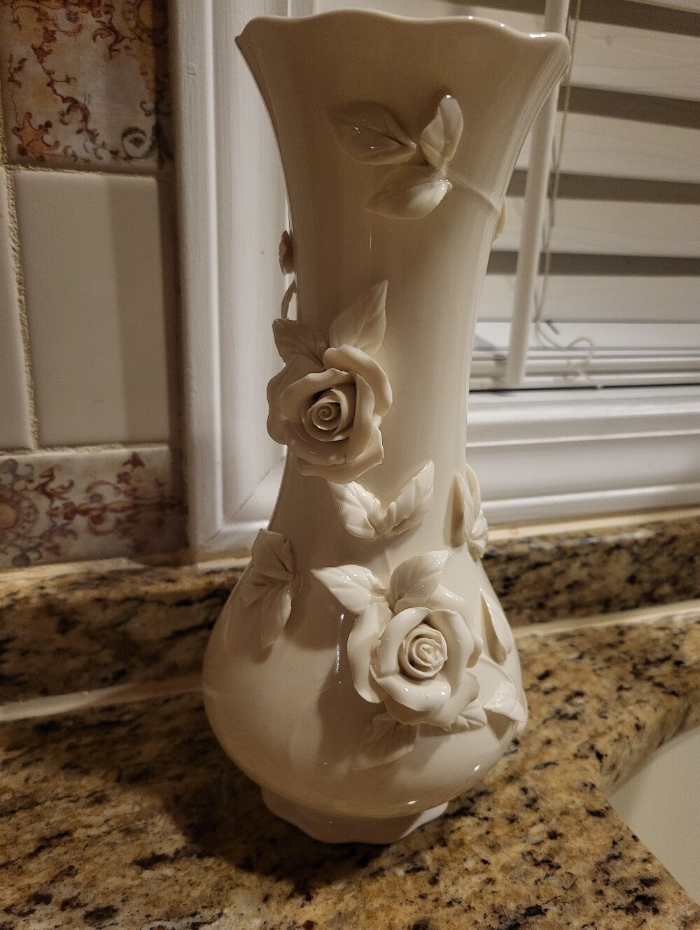 Burton 9.75 Inch Cream Ceramic Vase with Raised Rose Accents